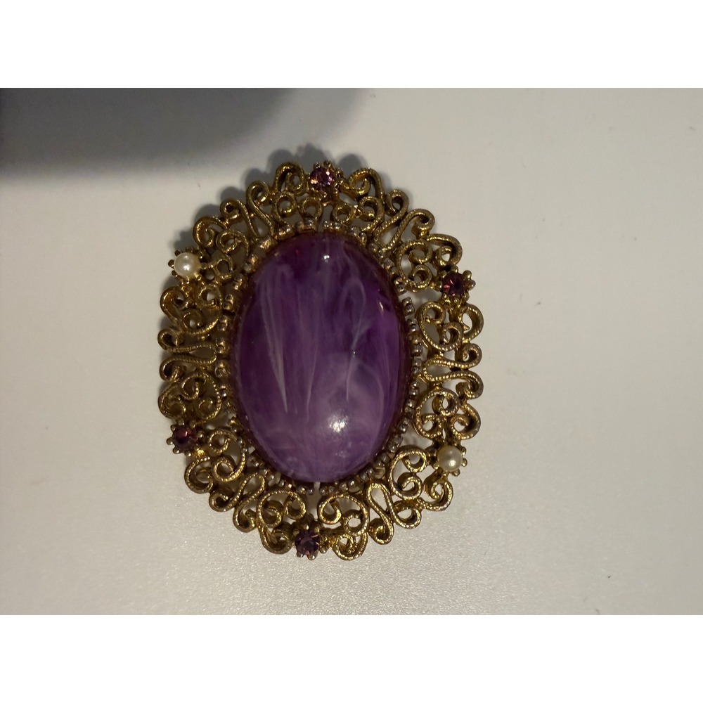 Vintage JJ Jonette Jewelry Purple Faux Stone Gold Tone Filigree Brooch Pin